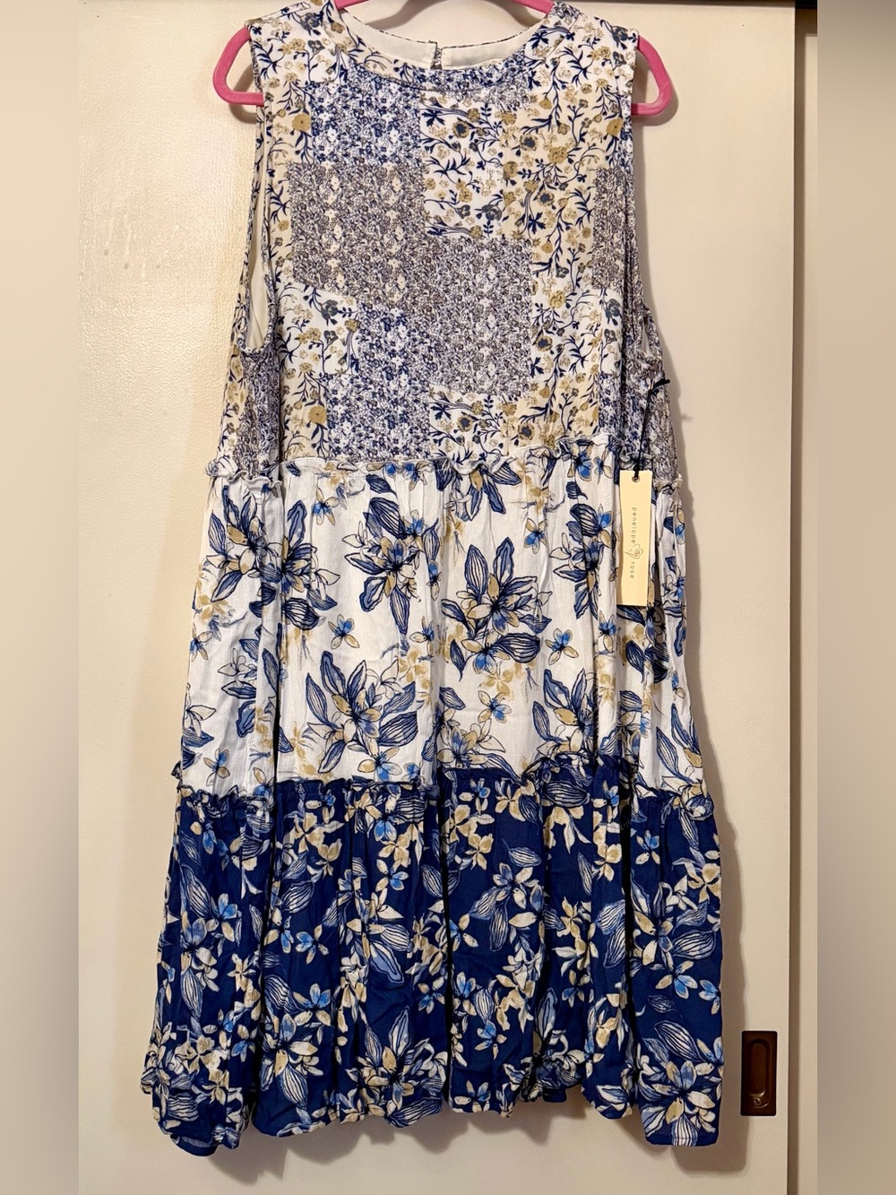 Cold-Shoulder Tiered Floral Mini Dress in Blue and Cream